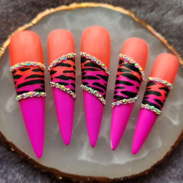 Press-On Nails/Nails, Neon Pink Ombre Orange, Tiger, classy, elegant, Rhinestones, Strass