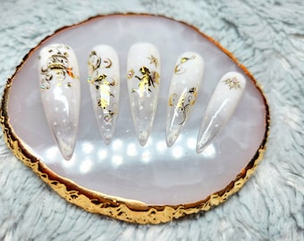 Unghie finte, bianco-trasparente-oro, Natale incl. spedizione