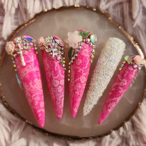 Può includere: Sei unghie finte lunghe e appuntite, di colore rosa e bianco, con motivi in pizzo e strass. Le unghie sono decorate con fiori e cristalli.