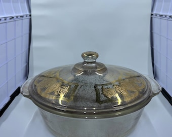 Vintage Fire-King CULVER CORONET Covered Casserole Gold on Clear 2 Qt