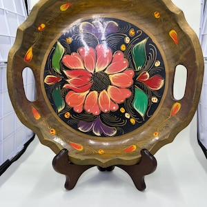 Vintage 1970s hand painted wooden tray