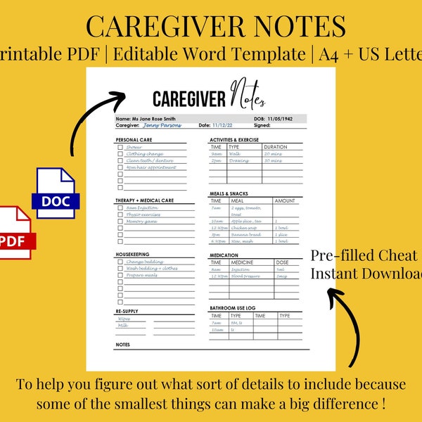 Caregiver Checklist, Caregiving Elderly Caregiver Notes, Caregiver Instructions EDITABLE Printable Word Template Log | 2 Sizes