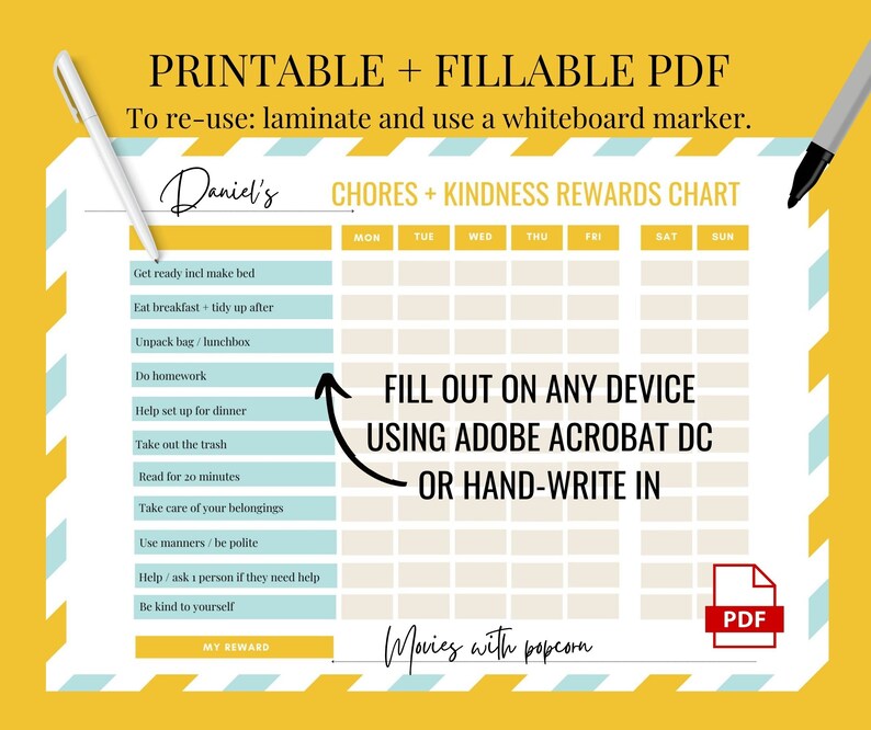 Printable Kids Reward Chart, Kids Rewards Chart Fillable PDF, Kids Reward Chart Template, Kids ...