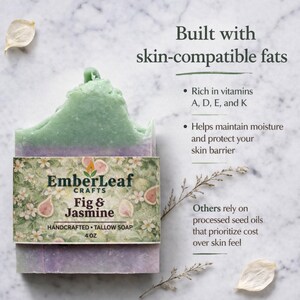 Tallow bar soap bundle by EmberLeaf Crafts. The image shows a variety of colorful, natural soaps—Rose Flower, Citrus Grove, and Oak & Elderberry—neatly laid out on a clean marble surface with scattered white flower petals.