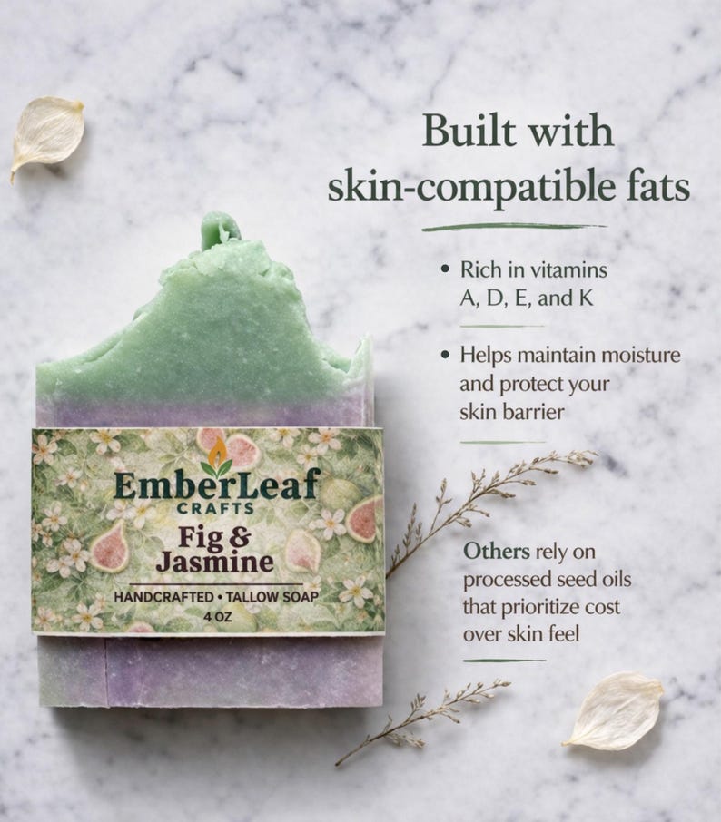 Tallow bar soap bundle by EmberLeaf Crafts. The image shows a variety of colorful, natural soaps—Rose Flower, Citrus Grove, and Oak & Elderberry—neatly laid out on a clean marble surface with scattered white flower petals.