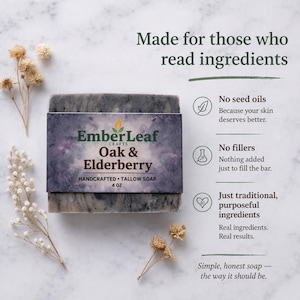 Tallow bar soap bundle by EmberLeaf Crafts. The image shows a variety of colorful, natural soaps—Rose Flower, Citrus Grove, and Oak & Elderberry—neatly laid out on a clean marble surface with scattered white flower petals.
