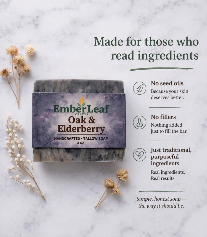 Tallow bar soap bundle by EmberLeaf Crafts. The image shows a variety of colorful, natural soaps—Rose Flower, Citrus Grove, and Oak & Elderberry—neatly laid out on a clean marble surface with scattered white flower petals.