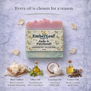 Tallow bar soap bundle by EmberLeaf Crafts. The image shows a variety of colorful, natural soaps—Rose Flower, Citrus Grove, and Oak & Elderberry—neatly laid out on a clean marble surface with scattered white flower petals.