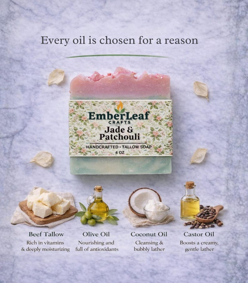 Tallow bar soap bundle by EmberLeaf Crafts. The image shows a variety of colorful, natural soaps—Rose Flower, Citrus Grove, and Oak & Elderberry—neatly laid out on a clean marble surface with scattered white flower petals.