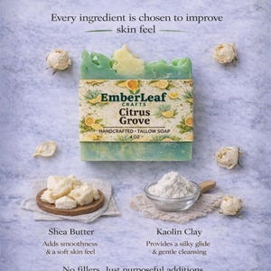 Tallow bar soap bundle by EmberLeaf Crafts. The image shows a variety of colorful, natural soaps—Rose Flower, Citrus Grove, and Oak & Elderberry—neatly laid out on a clean marble surface with scattered white flower petals.