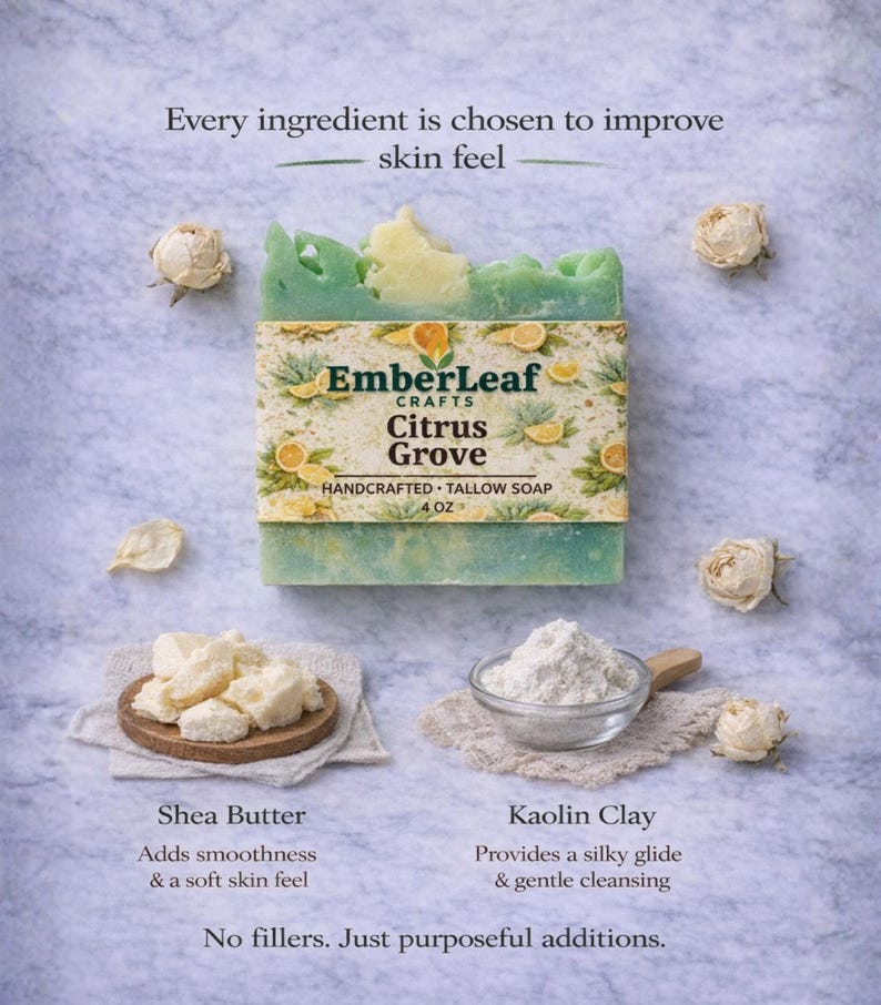 Tallow bar soap bundle by EmberLeaf Crafts. The image shows a variety of colorful, natural soaps—Rose Flower, Citrus Grove, and Oak & Elderberry—neatly laid out on a clean marble surface with scattered white flower petals.