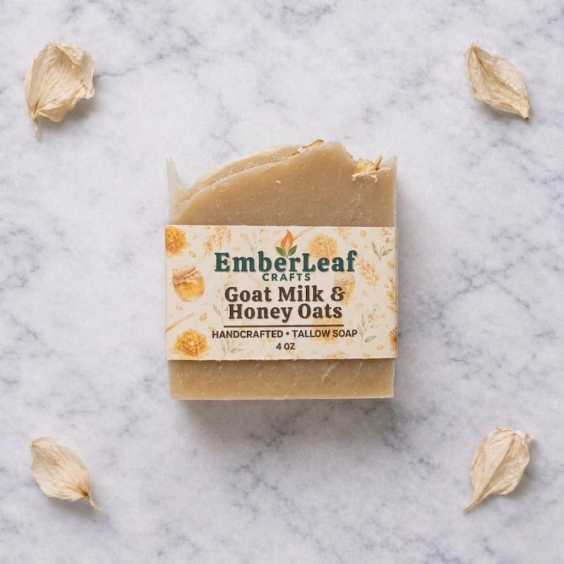 May include: A rectangular bar of Goat Milk & Honey Oats soap from EmberLeaf Crafts, wrapped with a decorative label. The soap is a light beige color, with visible oats. The label includes the text "HANDCRAFTED TALLOW SOAP" and "4 oz".