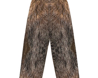 May include: Brown pants with a furry animal print.