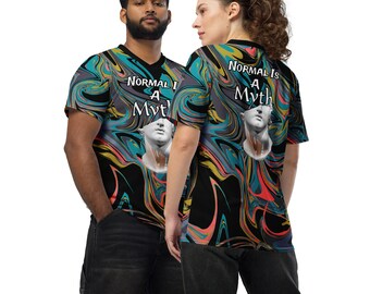 May include: Two people wearing black t-shirts with a colourful abstract design and the text "Normal is a Myth" printed on the front. The design features a marbled pattern in shades of blue, green, yellow, and red.