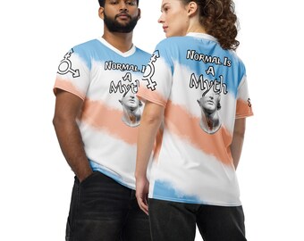 May include: Two people wearing white t-shirts with a blue and orange tie-dye pattern. The shirts feature a graphic of a bust sculpture and the text "Normal is a Myth".