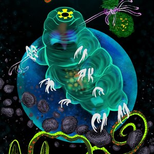 Può includere: Un'illustrazione verde e blu di un tardigrado, noto anche come orso d'acqua, su un pianeta blu su sfondo nero. Il tardigrado è circondato da piccoli asteroidi grigio scuro. Un serpente verde con segni arancioni si avvolge attorno a un buco nero con una "O" blu al centro. L'immagine è intitolata "The Fool".
