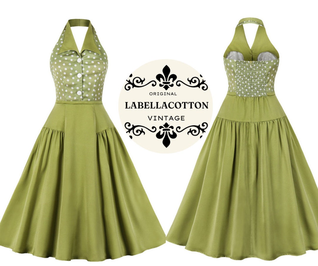 Vintage Chic Green Retro Dress Polka Dot Halter Dress With Pleated