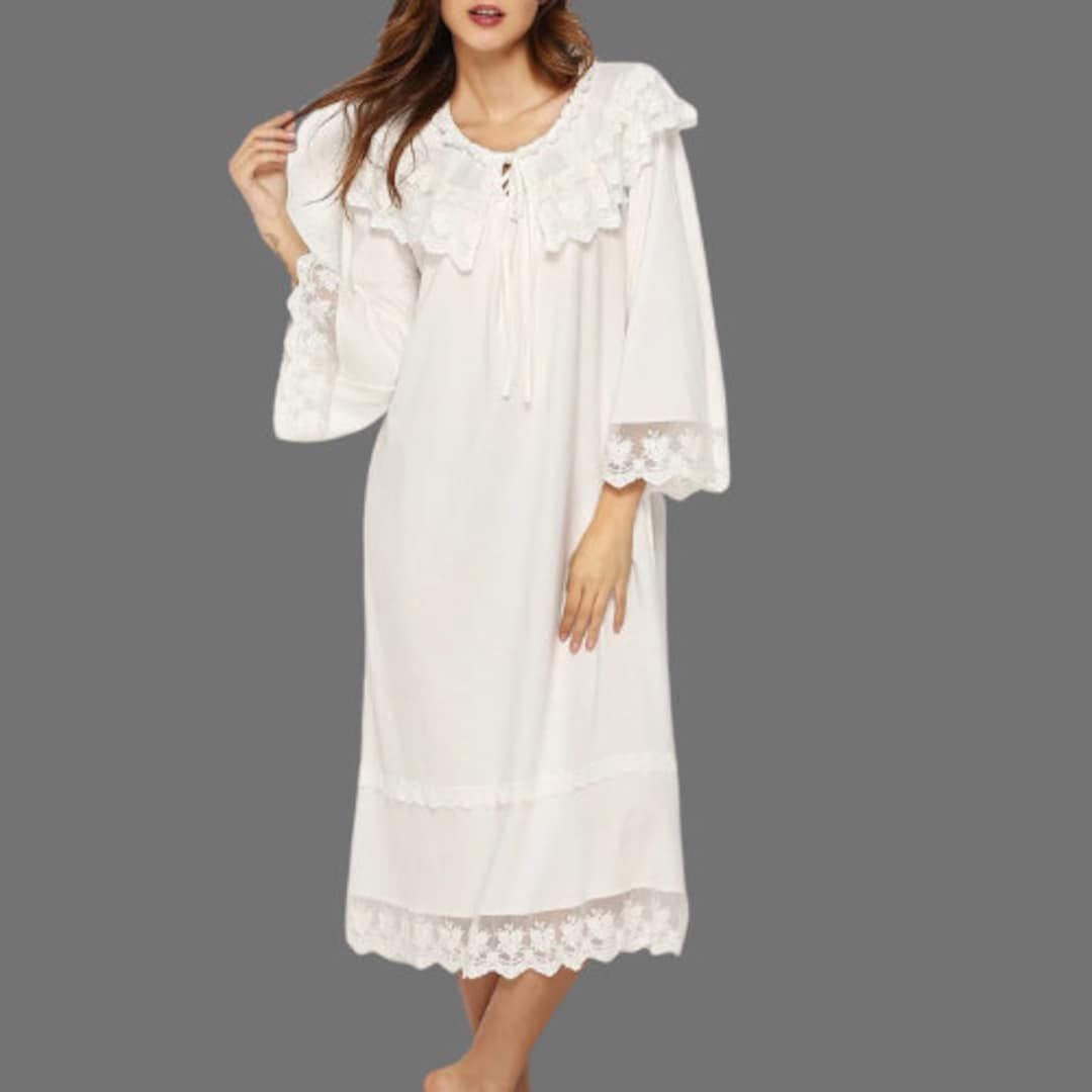 100 Pure Cotton Victorian Style White Long Sleeve Nightgown for Women