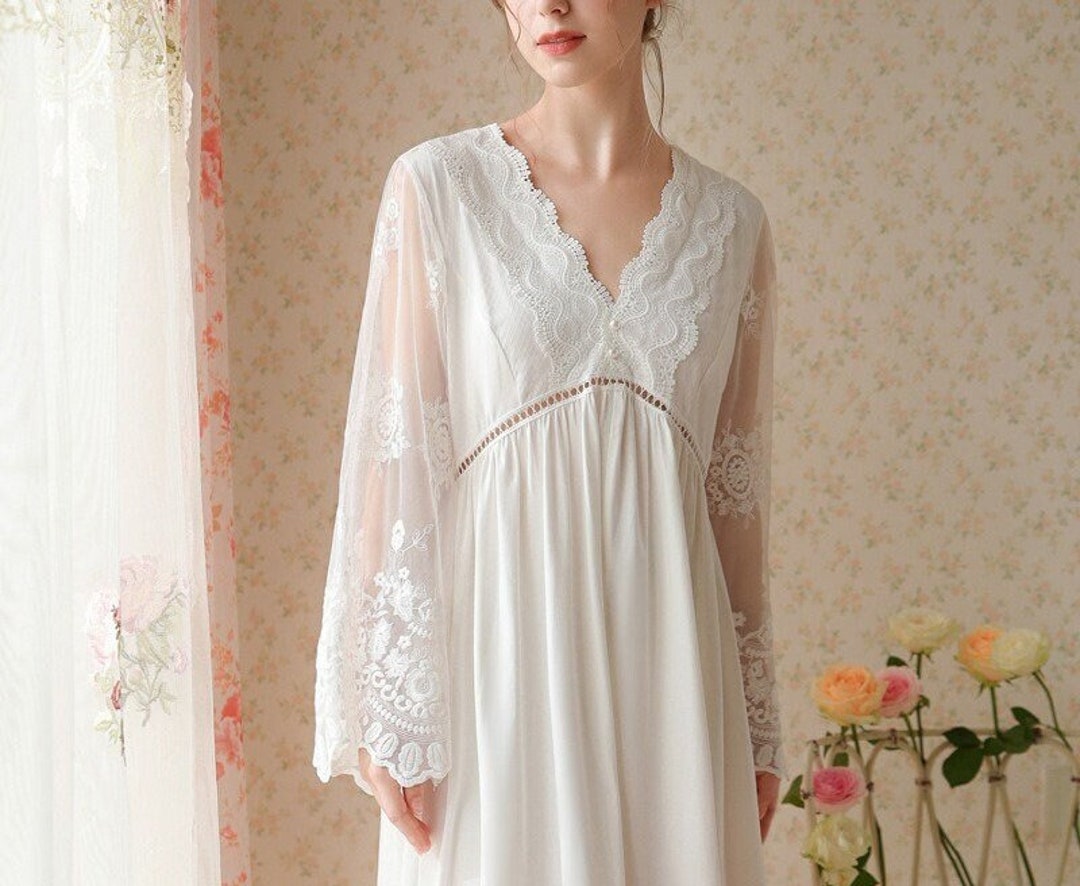 Pure Cotton Embroidered Lace Long Sleeve Night Dress A Vintage