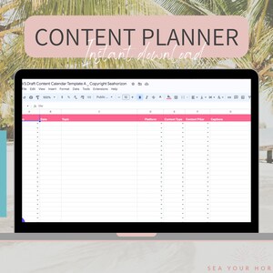 Peut inclure: Un écran d'ordinateur portable affichant une feuille de calcul Google avec un modèle de planificateur de contenu. La feuille comporte des colonnes pour la date, le sujet, la plateforme, le type de contenu, le pilier de contenu et les légendes. La feuille est intitulée "Modèle de calendrier de contenu A".