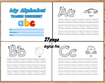 Alphabet Tracing Worksheet for Kids | Cute Blue Rainbow Printable ABC Workbook | Preschool Handwriting Practice PDF | A-Z Tracing Letters