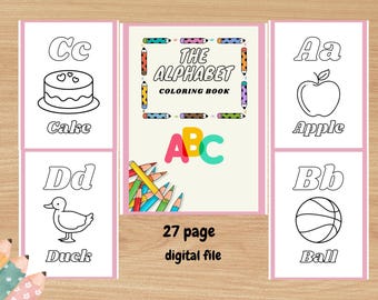 Fun ABC Coloring Book for Kids .Learn Alphabet with Cute Easy Pictures .digital file