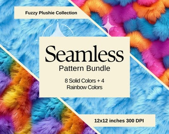 May include: A digital download of 12 seamless patterns featuring fuzzy plushie textures in 8 solid colors and 4 rainbow colors. The patterns are 12x12 inches at 300 DPI.