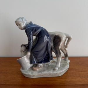 Vintage Royal Copenhagen &quot;Girl Feeding Calf&quot; Porcelain Figurine Hand Painted Denmark