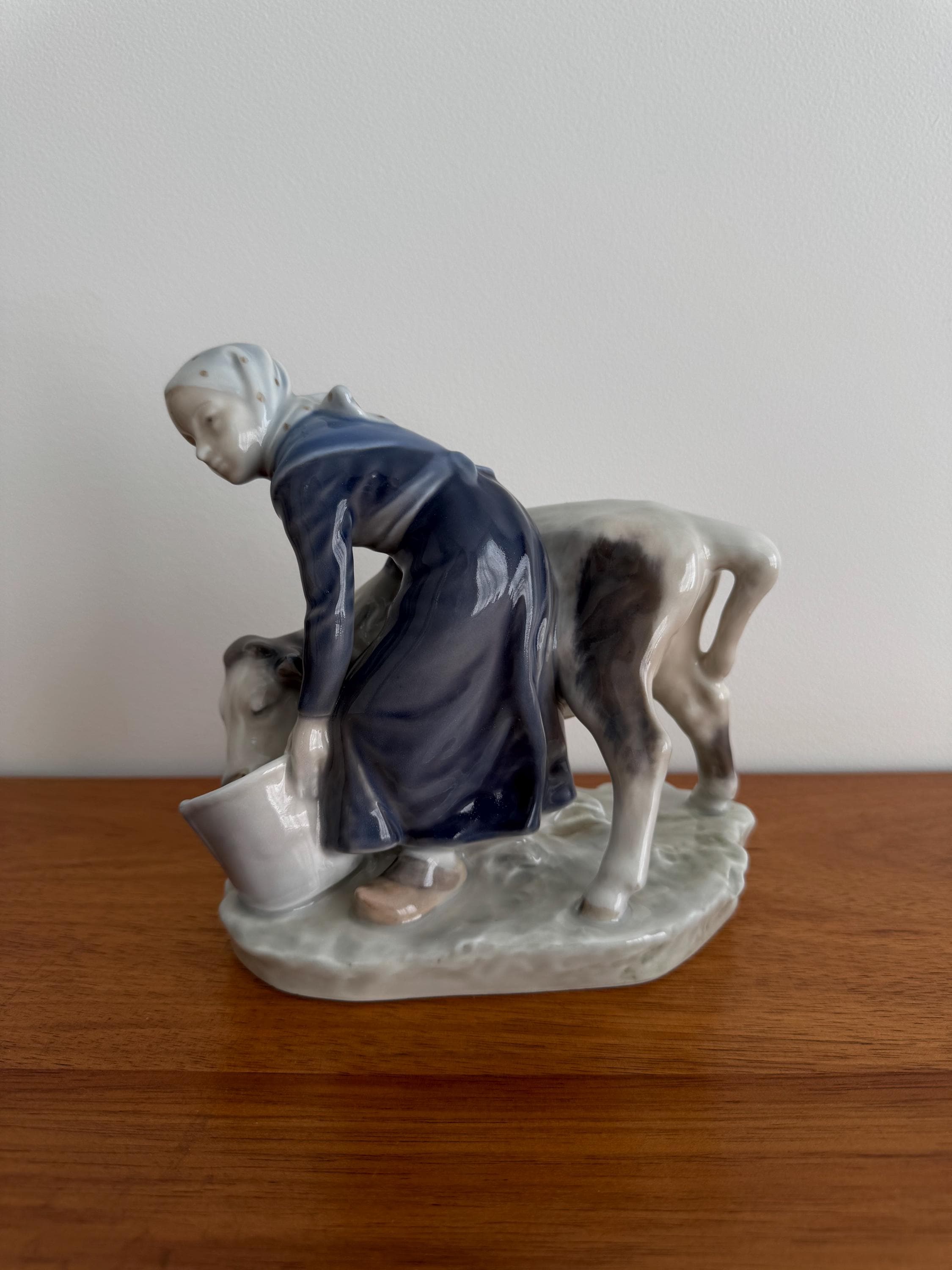 Vintage Royal Copenhagen "Girl Feeding Calf" Porcelain Figurine Hand Painted Denmark