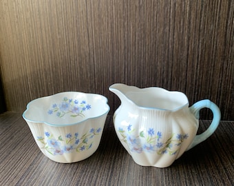 Vintage Shelly Dainty Shape Blue Rock#13591 Creamer and Sugar Bowl Blue Flowers and Blue Trims