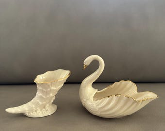 Lenox Cornucopia/Horn Of Plenty Design Vase, Toothpick Holder/Planter And Swan Trinket Dish