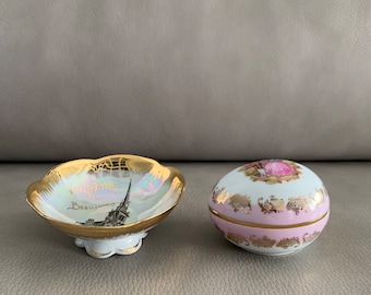 Vintage Limoges Hand-painted Footed Trinket Dish And Limoges Egg Trinket box Courting people England