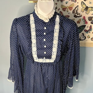 1970s Cottagecore Maxi dress, Butterfly Bat wing Sleeves, Blue polka dot dress Vintage Prairie Dress