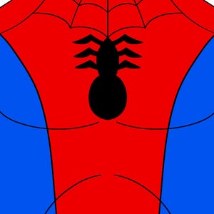 Può includere: Una tuta rossa e blu con un emblema a forma di ragno nero centrato sul petto. La parte superiore del petto presenta un motivo a ragnatela nero, mentre il resto dell'indumento è composto da pannelli rossi e blu separati da linee nere.