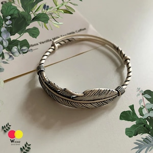 Feather Bracelet for Women, Stunning hand crafted 925 silver bangle, Feather adjustable bangle, Wedding Bridesmaid Jewelry