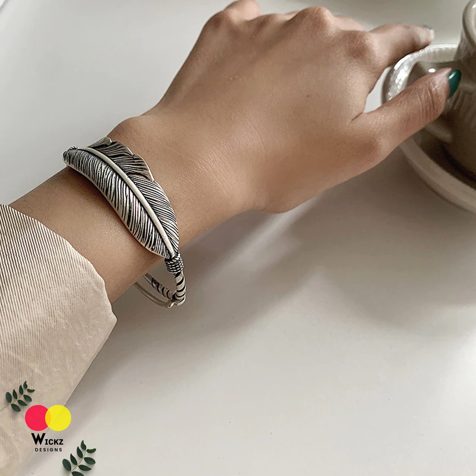 Vintage Style 925 Sterling Silver Adjustable Leaf Feather Bangle For Women - Trendy Gift Bracelet Bangle - OEM Welcome