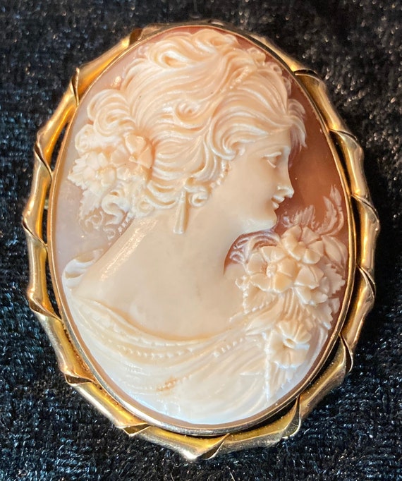 Large oval salmon and ivory vintage cameo brooch … - image 2