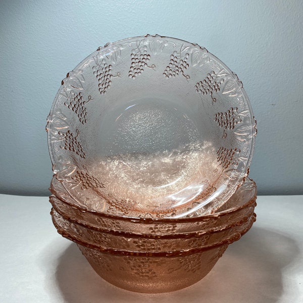 Vintage 1950s pink depression glass bowls, grape motif design