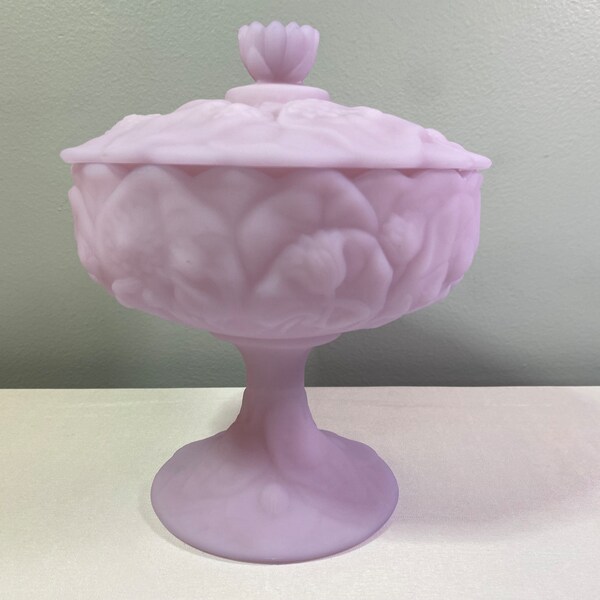 Vintage Fenton Lidded Compote - Satin Lavender Hard-to-find - Water Lily - With Sticker