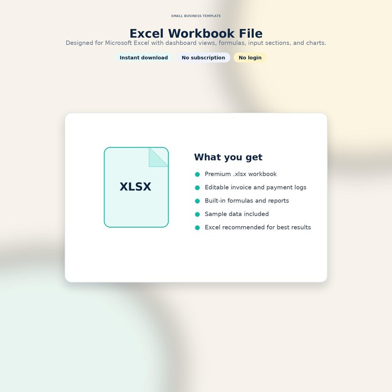Op de afbeelding: Een digitale afbeelding die een Excel Workbook File promoot. De afbeelding toont een turquoise XLSX-bestandspictogram en opsommingstekens met functies zoals een premium werkmap, bewerkbare logs en ingebouwde formules. Tekst bevat "Direct downloaden" en "Geen abonnement."