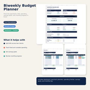 May include: A digital biweekly budget planner with a monthly dashboard, paycheck planners, and a spending tracker. The planner helps track paychecks, bills, savings goals, and monthly progress in Excel. The text includes "Biweekly Budget Planner" and "Excel Spreadsheet".