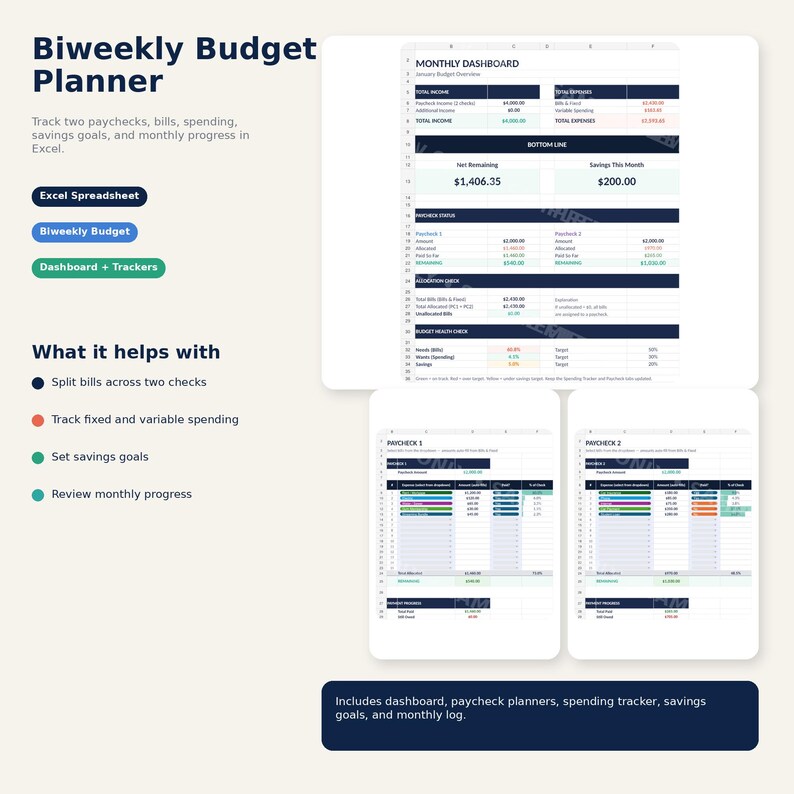 May include: A digital biweekly budget planner with a monthly dashboard, paycheck planners, and a spending tracker. The planner helps track paychecks, bills, savings goals, and monthly progress in Excel. The text includes "Biweekly Budget Planner" and "Excel Spreadsheet".