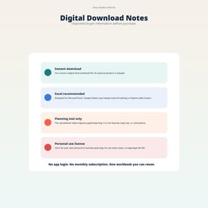 Puede incluir: Un gr&aacute;fico de informaci&oacute;n de descarga digital titulado "Digital Download Notes". Detalla descargas instant&aacute;neas, recomendaciones de Excel, uso de herramientas de planificaci&oacute;n y licencias de uso personal. El texto tambi&eacute;n menciona que no hay inicio de sesi&oacute;n en la aplicaci&oacute;n ni suscripci&oacute;n mensual.