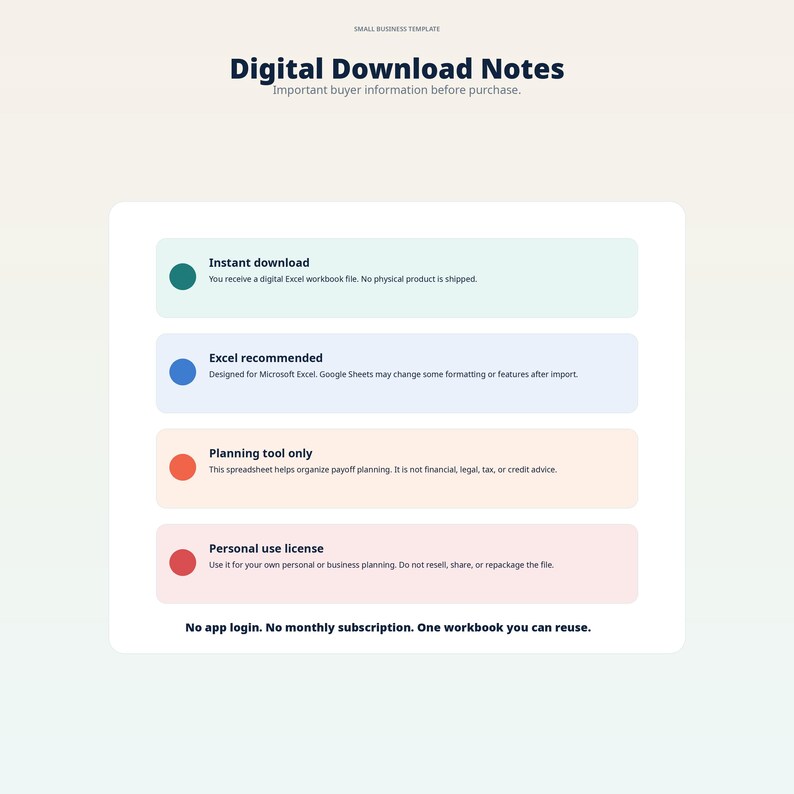 Puede incluir: Un gr&aacute;fico de informaci&oacute;n de descarga digital titulado "Digital Download Notes". Detalla descargas instant&aacute;neas, recomendaciones de Excel, uso de herramientas de planificaci&oacute;n y licencias de uso personal. El texto tambi&eacute;n menciona que no hay inicio de sesi&oacute;n en la aplicaci&oacute;n ni suscripci&oacute;n mensual.