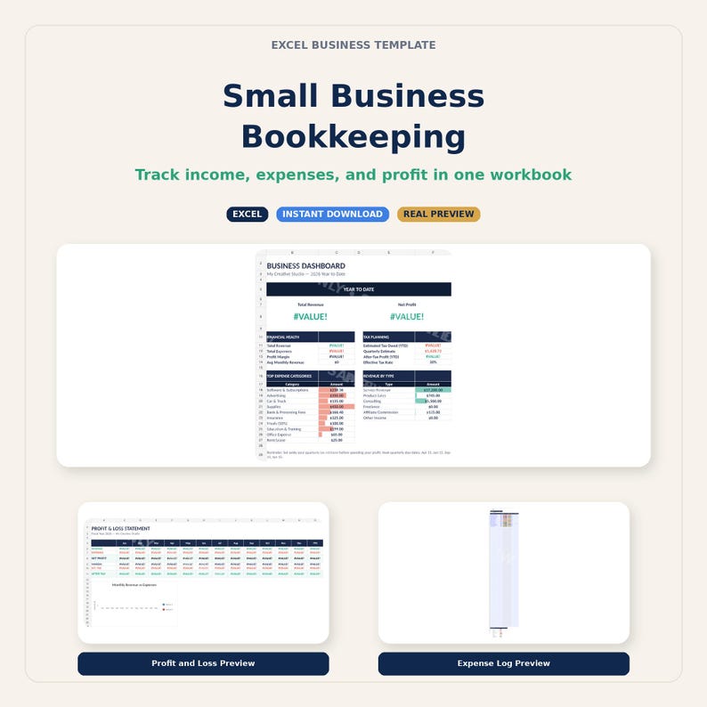 Pu&ograve; includere: Un modello Excel digitale per la contabilit&agrave; delle piccole imprese. L'immagine mostra una dashboard, un'anteprima di profitti e perdite e un'anteprima del registro delle spese. Il modello tiene traccia di entrate, spese e profitti in una cartella di lavoro.