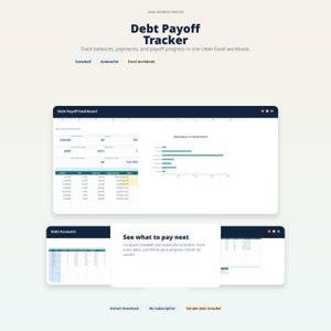 Puede incluir: Una plantilla digital titulada "Debt Payoff Tracker" con el texto "Realice un seguimiento de los saldos, los pagos y el progreso del pago en un libro de trabajo de Excel limpio". La imagen muestra hojas de c&aacute;lculo de Excel con informaci&oacute;n de deuda y gr&aacute;ficos.