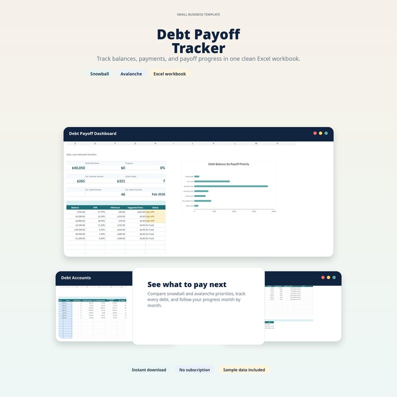 Puede incluir: Una plantilla digital titulada "Debt Payoff Tracker" con el texto "Realice un seguimiento de los saldos, los pagos y el progreso del pago en un libro de trabajo de Excel limpio". La imagen muestra hojas de c&aacute;lculo de Excel con informaci&oacute;n de deuda y gr&aacute;ficos.