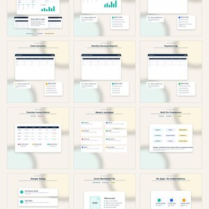 Op de afbeelding: Een reeks screenshots van de digitale interface die een factuurtracker voor freelancers laat zien. De schermen tonen factuuroverzichten, inkomstenrapporten en betalingslogboeken. Tekst bevat "Freelancer Invoice Tracker", "Invoice Dashboard" en "Excel Workbook File".