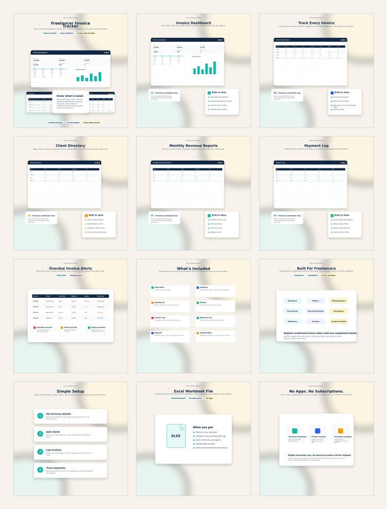 Op de afbeelding: Een reeks screenshots van de digitale interface die een factuurtracker voor freelancers laat zien. De schermen tonen factuuroverzichten, inkomstenrapporten en betalingslogboeken. Tekst bevat "Freelancer Invoice Tracker", "Invoice Dashboard" en "Excel Workbook File".