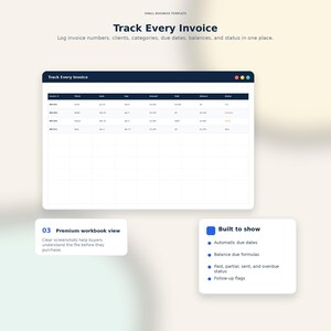 Op de afbeelding: Een digitale sjabloon voor het volgen van facturen met de tekst "Track Every Invoice". De sjabloon toont factuurnummers, klanten, vervaldatums en saldi. Extra tekst benadrukt functies zoals automatische vervaldatums en saldofuncties.
